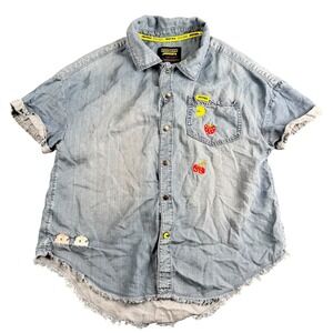 Justice Pac-Man Chambray Button Down Shirt Girls L 10/12 Retro Embroidered 498